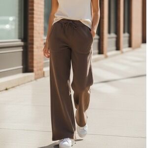Zenana Brown Cotton Wide Leg Lounge Pants Drawstring Raw Hem Boho Comfort M